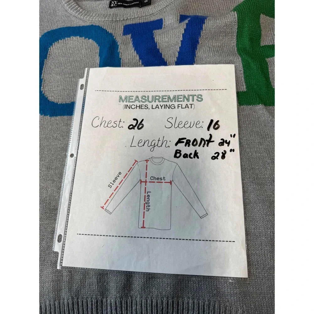 N Y & Co Women's‎ HighLow Gray LOVE Graphic Knit Crew Neck M Sweater Casual Cozy - Picture 8 of 8